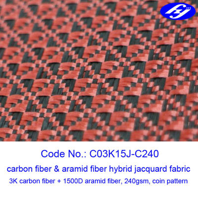 Tela negra/roja de la tela de Aramid del carbono del modelo de la moneda del telar jacquar del carbono de Aramid del híbrido